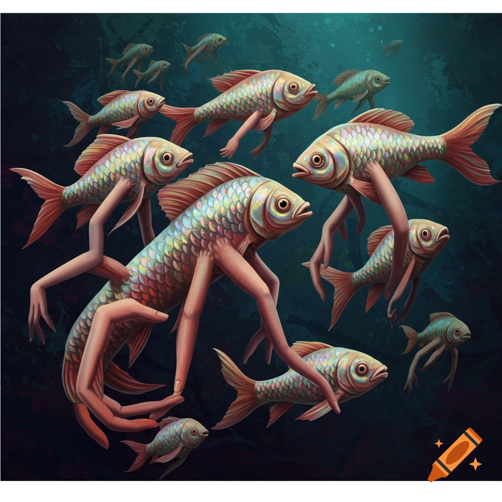 Several fish with human hands and arms attached are shown, swimming in dark water. The limbs are used like legs or extensions.