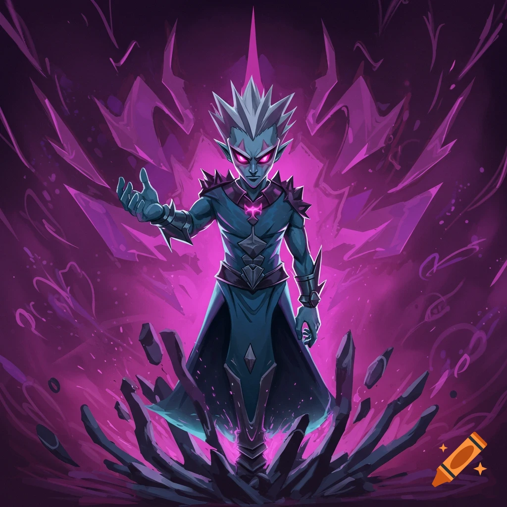 Stylized fantasy character with glowing eyes and spiky hair surrounded by purple energy.