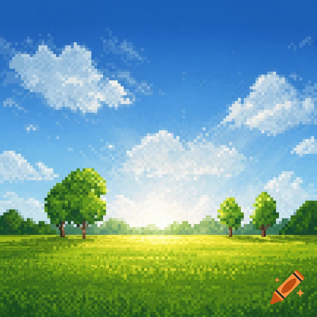 A pixel art landscape of a sunny summer day with a field, trees, and clouds.
