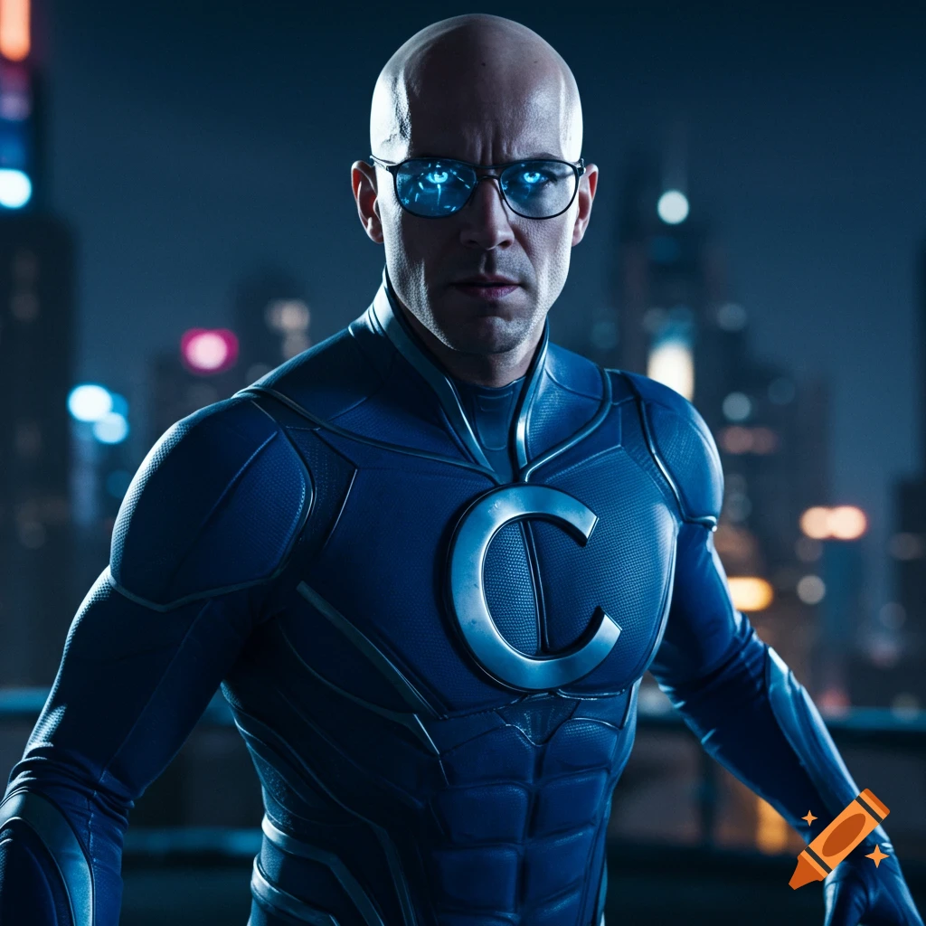 Bald superhero in blue suit with 'C' symbol and glowing glasses against a city skyline at night, photorealistic style.