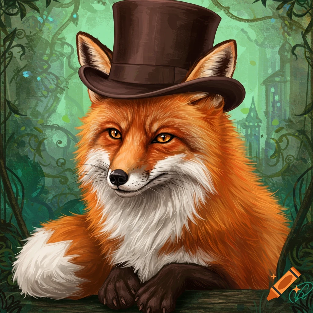 A fox wearing a brown top hat in a forest setting with fantasy buildings.