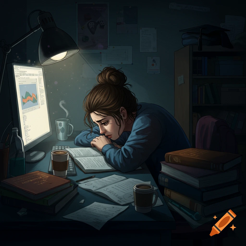 A stressed college student is studying late at a desk filled with books.