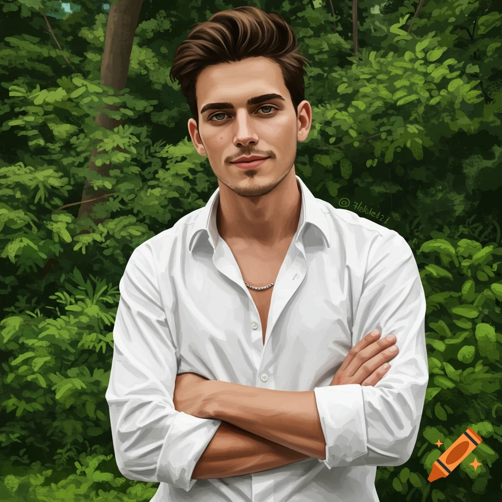 A young man in a white shirt with crossed arms is standing in front of green trees.