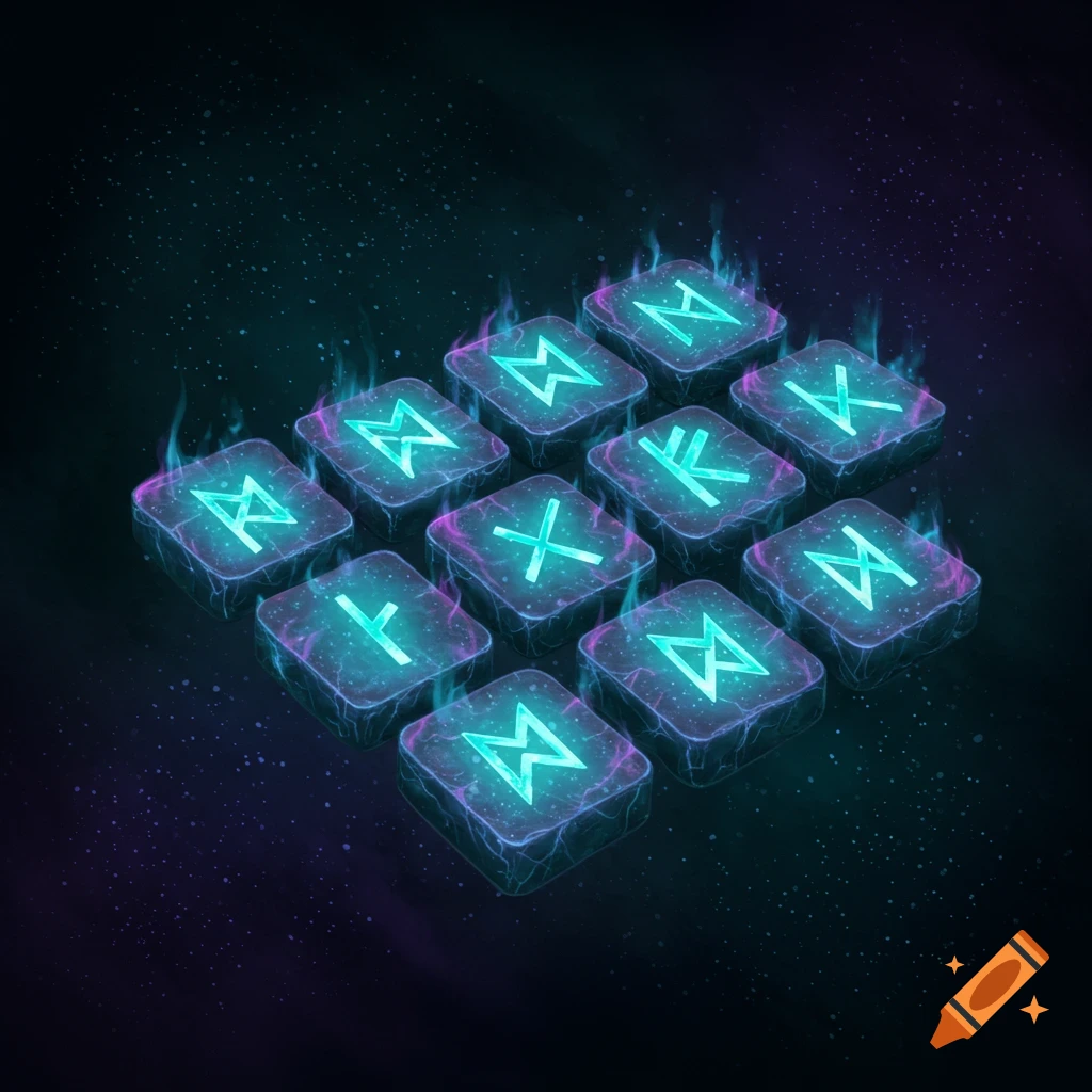Glowing mystical rune symbols on stones in a dark, starry space setting.