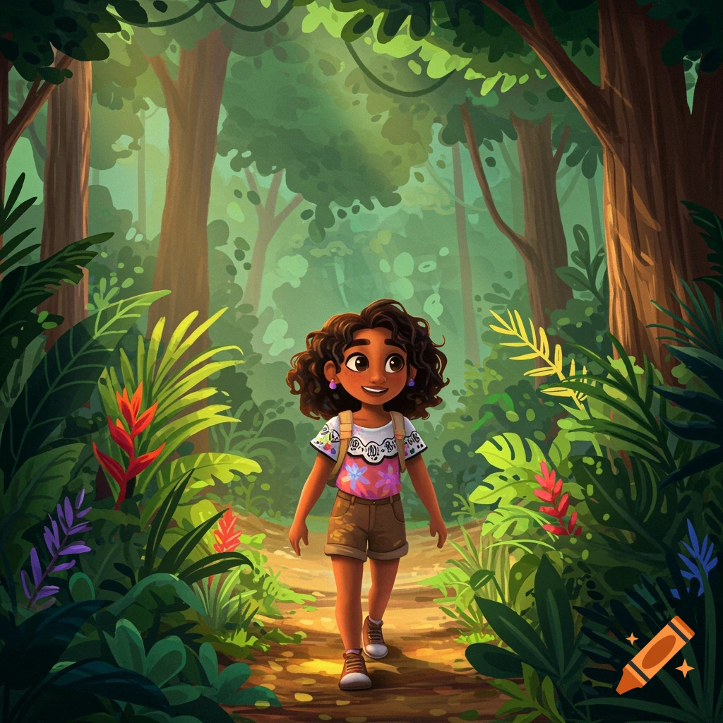 A young girl hikes through a lush, sunlit tropical rainforest.