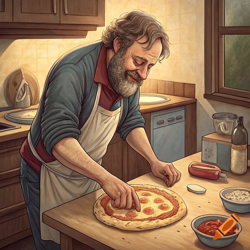 A man with a beard makes a pizza in a kitchen.