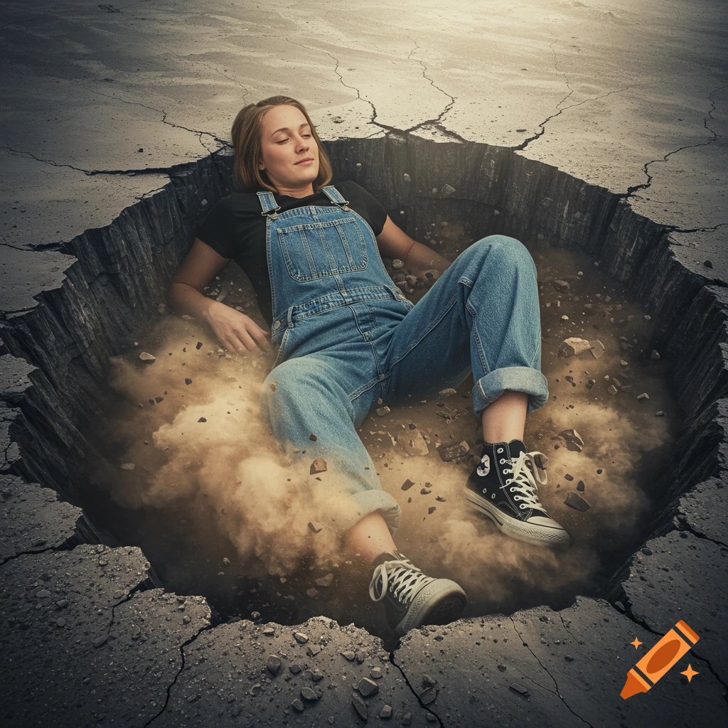 A woman in overalls lies in a large chasm in cracked ground, surrounded by dust.