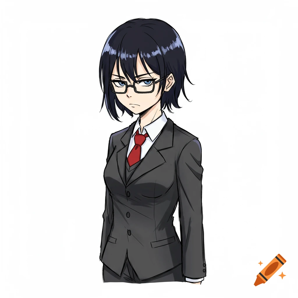 Anime illustration of a woman in a black suit and red tie with glasses.