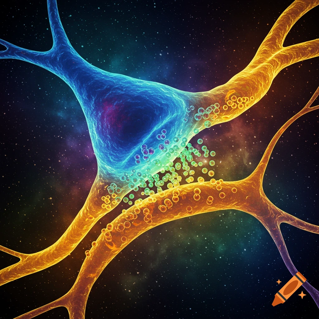 A synapse transmitting signals with a starry cosmic background.