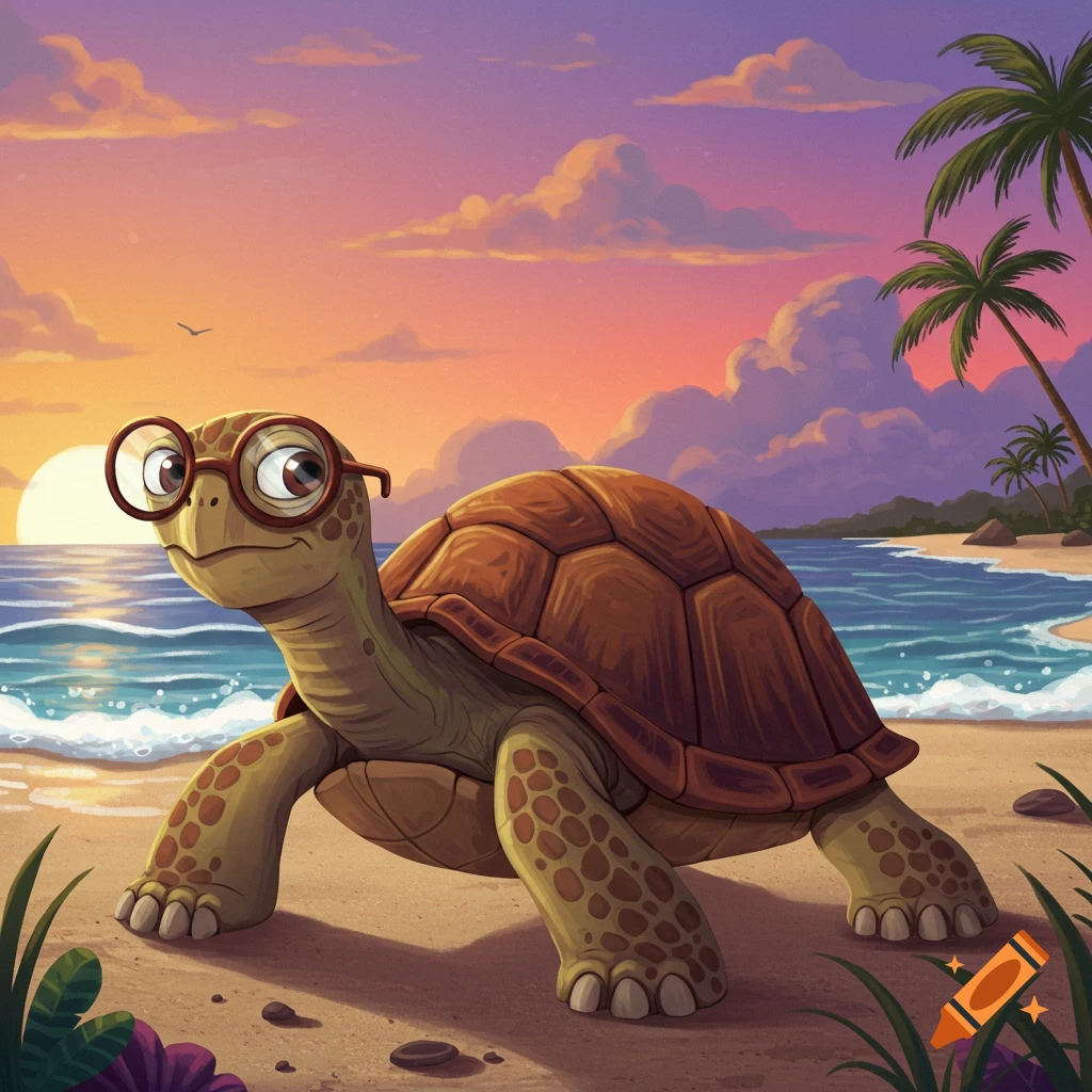 A cartoon turtle wearing glasses walks on a beach towards the ocean during sunset.