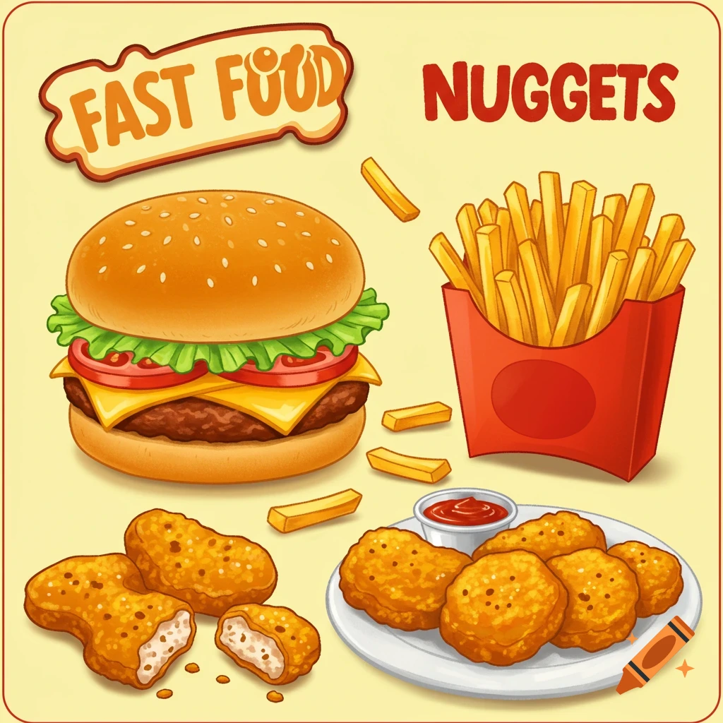 Digital illustration of a burger, fries, and chicken nuggets.