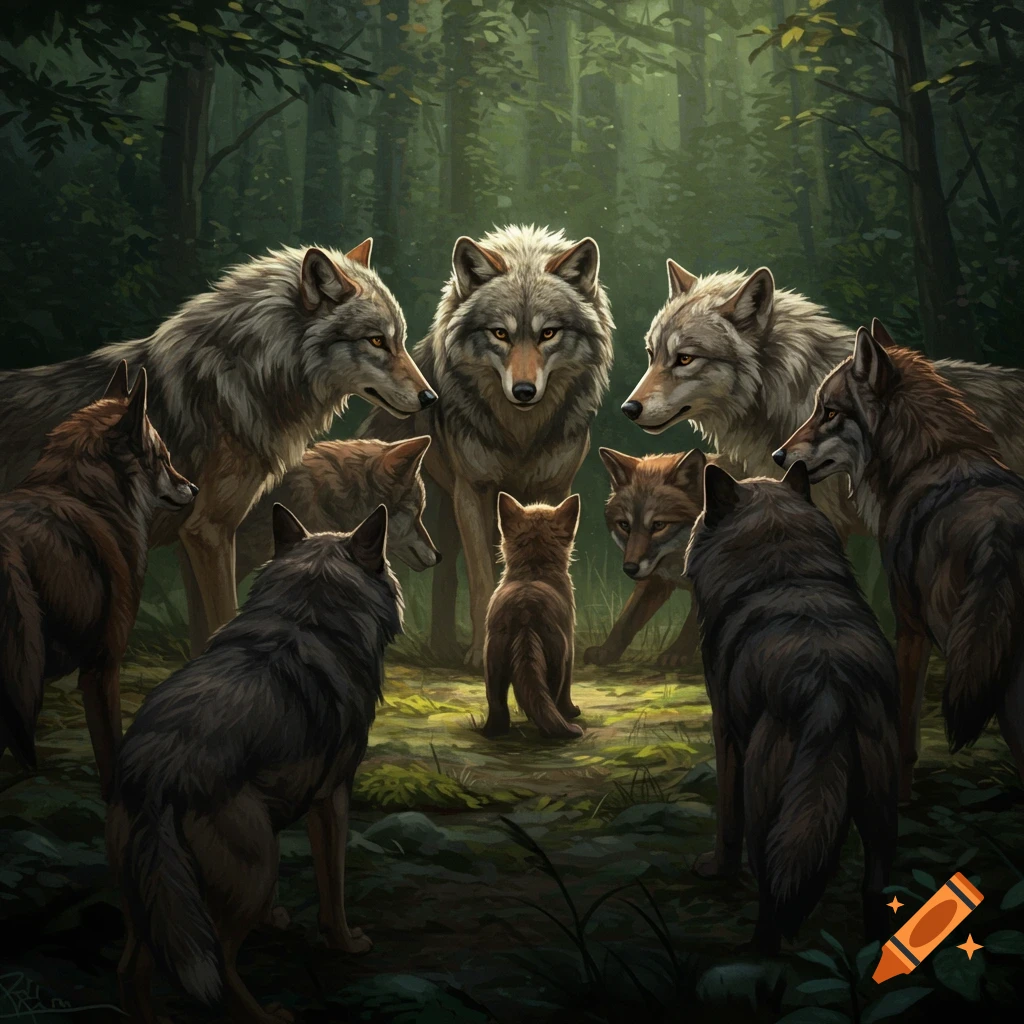 A pack of wolves surrounding a small pup in a forest.