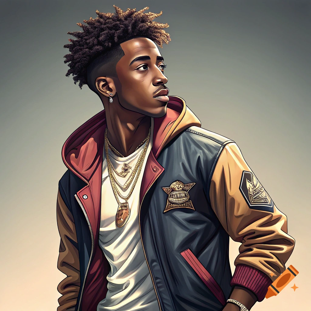 Digital illustration of a young man with textured hair wearing a bomber jacket and gold chains