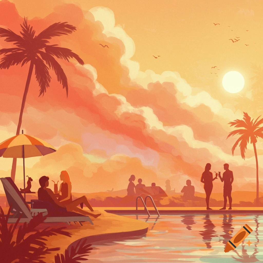 People relaxing by a pool at sunset with palm trees.
