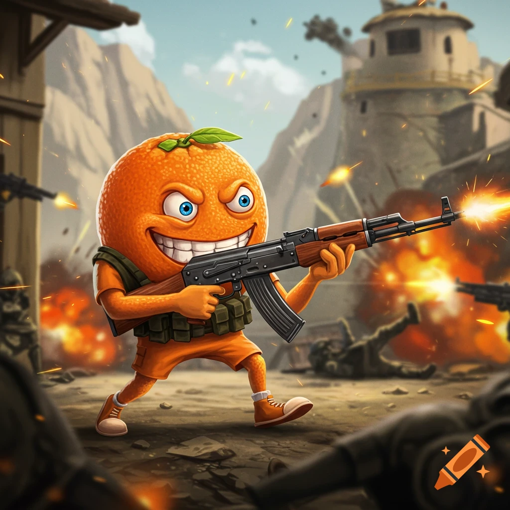 Cartoon orange character with a rifle in a battle scene.