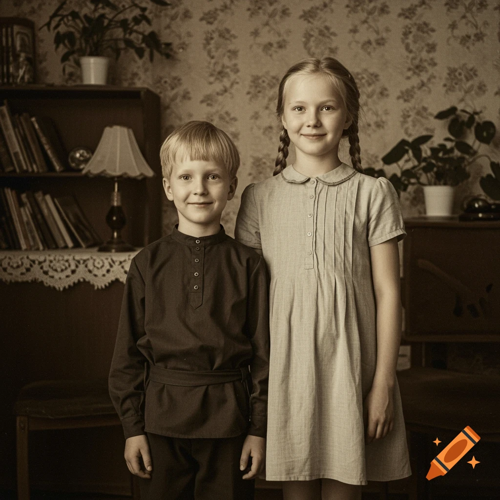 Sepia-toned portrait of two children standing in a vintage room.