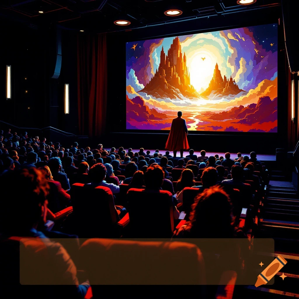 A person in a cape stands before a large screen showing a vibrant fantasy landscape as an audience watches in a movie theater.