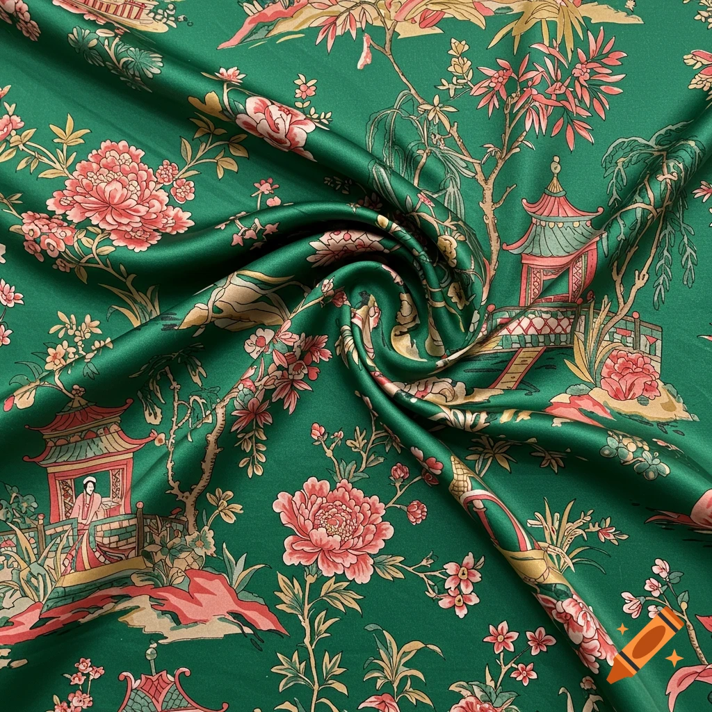 Green silk fabric with a Chinoiserie pattern featuring pagodas, flowers, and birds.