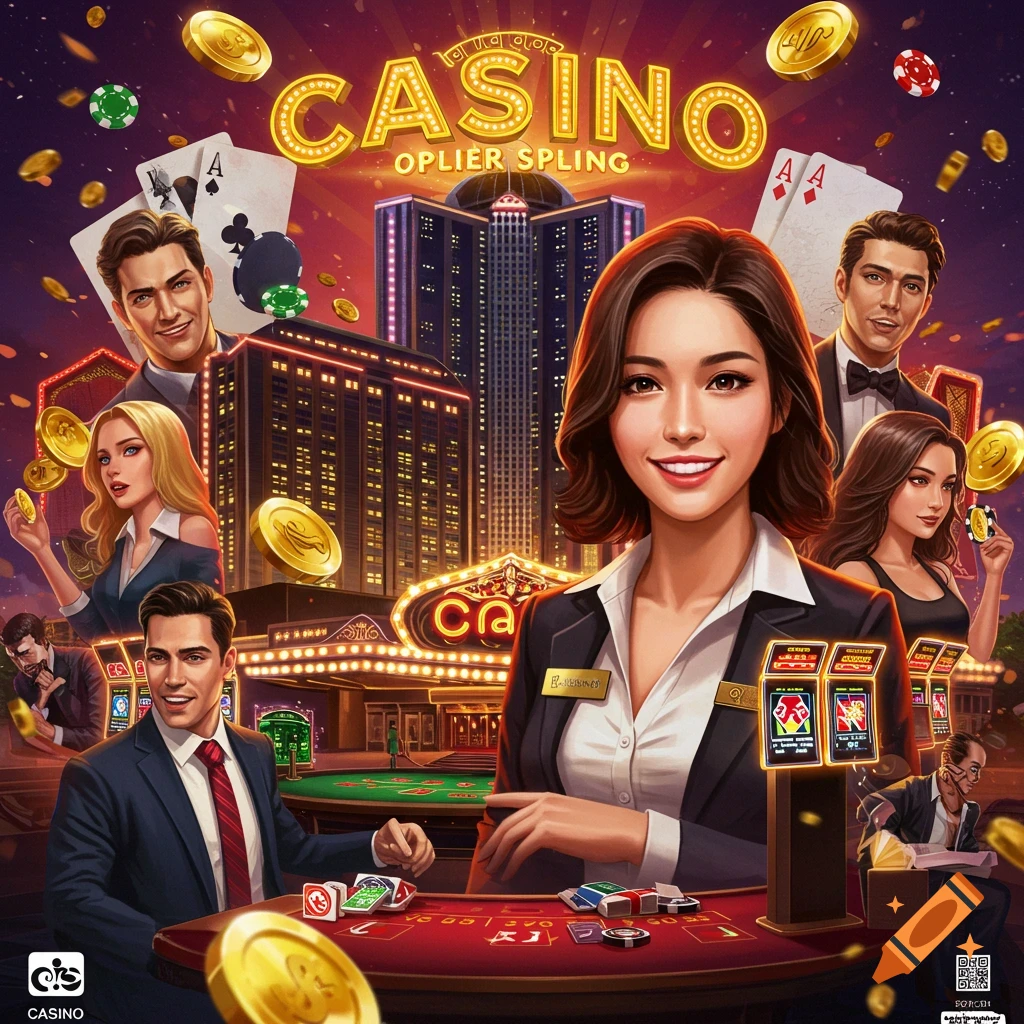 A scene inside a casino, with people gambling at slot machines and playing cards with chips.