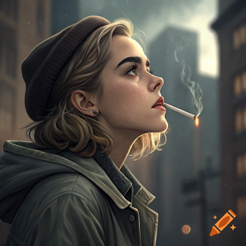 A young woman with a knit cap looks up while smoking a cigarette in an urban setting.