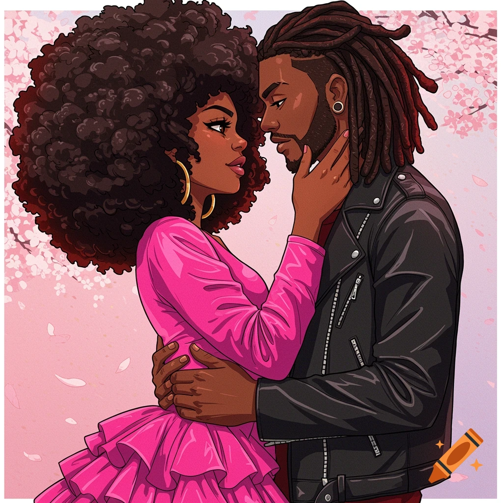 An anime illustration of a Black couple embracing under cherry blossoms.