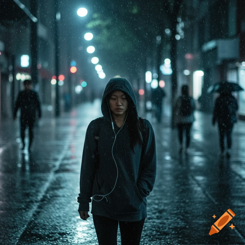 A woman in a hoodie walks alone down a rainy city street at night with earbuds.