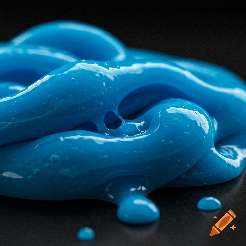 Close-up of bright blue slime on a black surface, showing bubbles and drips.
