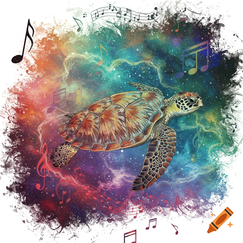 A sea turtle swims in a colorful abstract space background with musical notes.