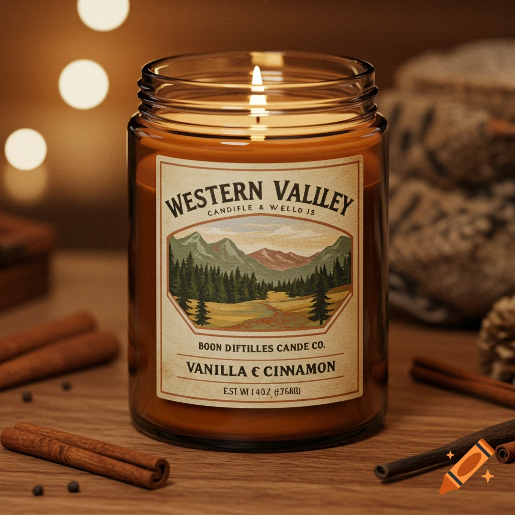 A burning candle in a glass jar with a label, surrounded by cinnamon sticks and peppercorns.
