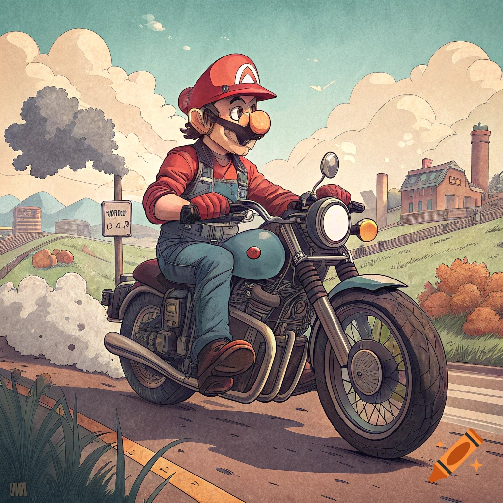 Illustration of Mario riding a motorcycle on a road in a countryside landscape