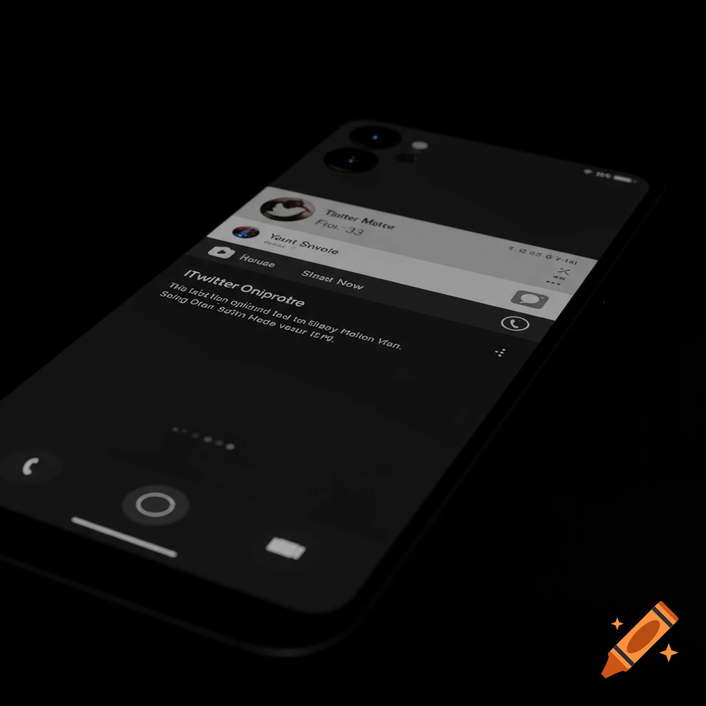 Close-up angled shot of a dark iPhone Pro Max screen in dim lighting showing garbled Twitter notifications.
