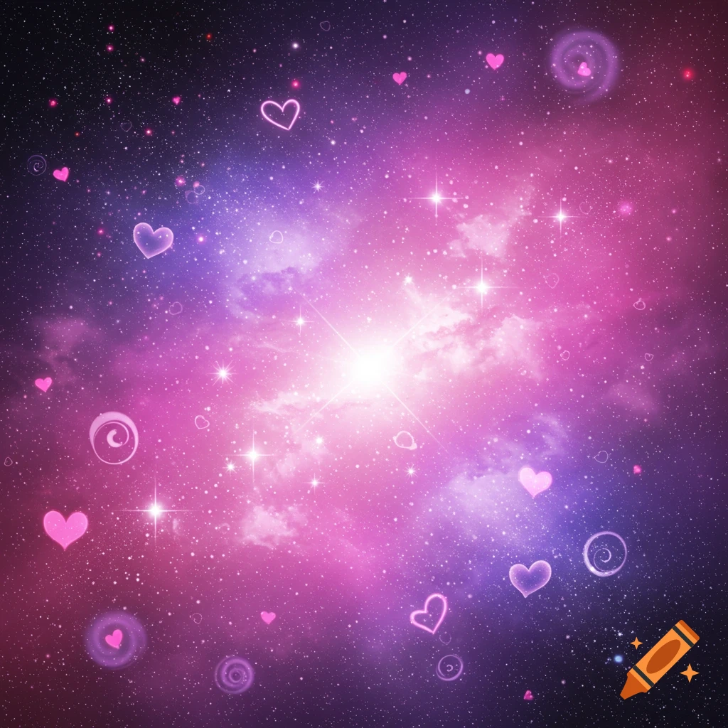 Anime-style galaxy background with pink and purple nebulae, stars, glowing hearts, and sparkles.
