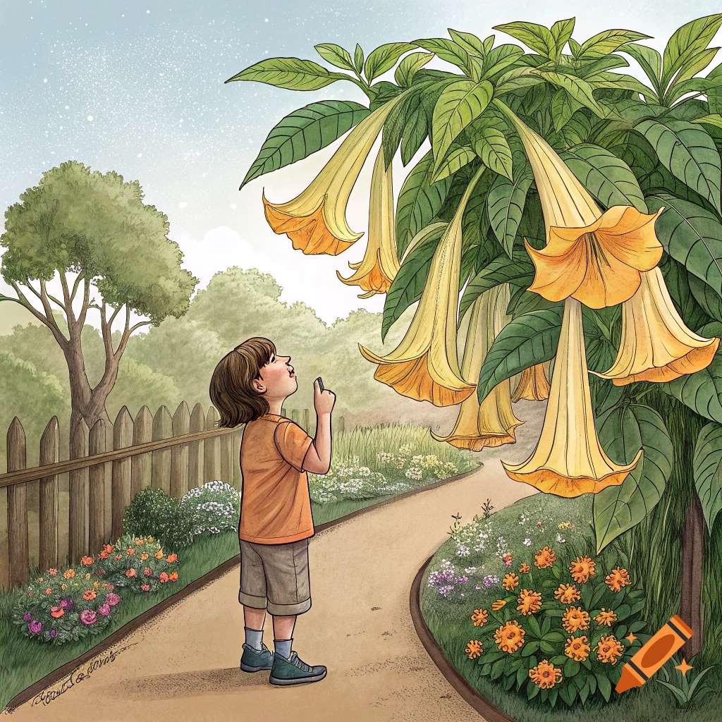 Illustration of a child looking up at large yellow flowers along a garden path.