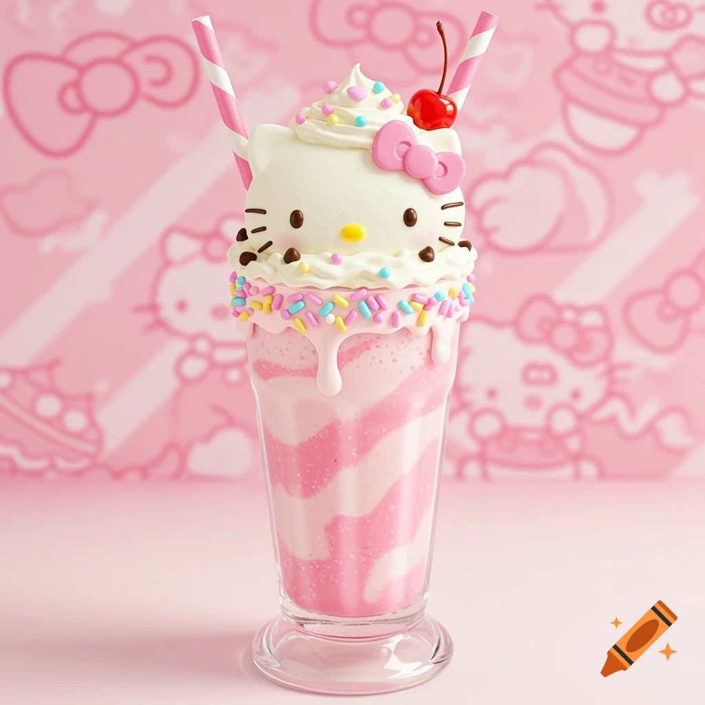 Hello Kitty milkshake with whipped cream, sprinkles, and a cherry in a tall glass on a pink patterned background.