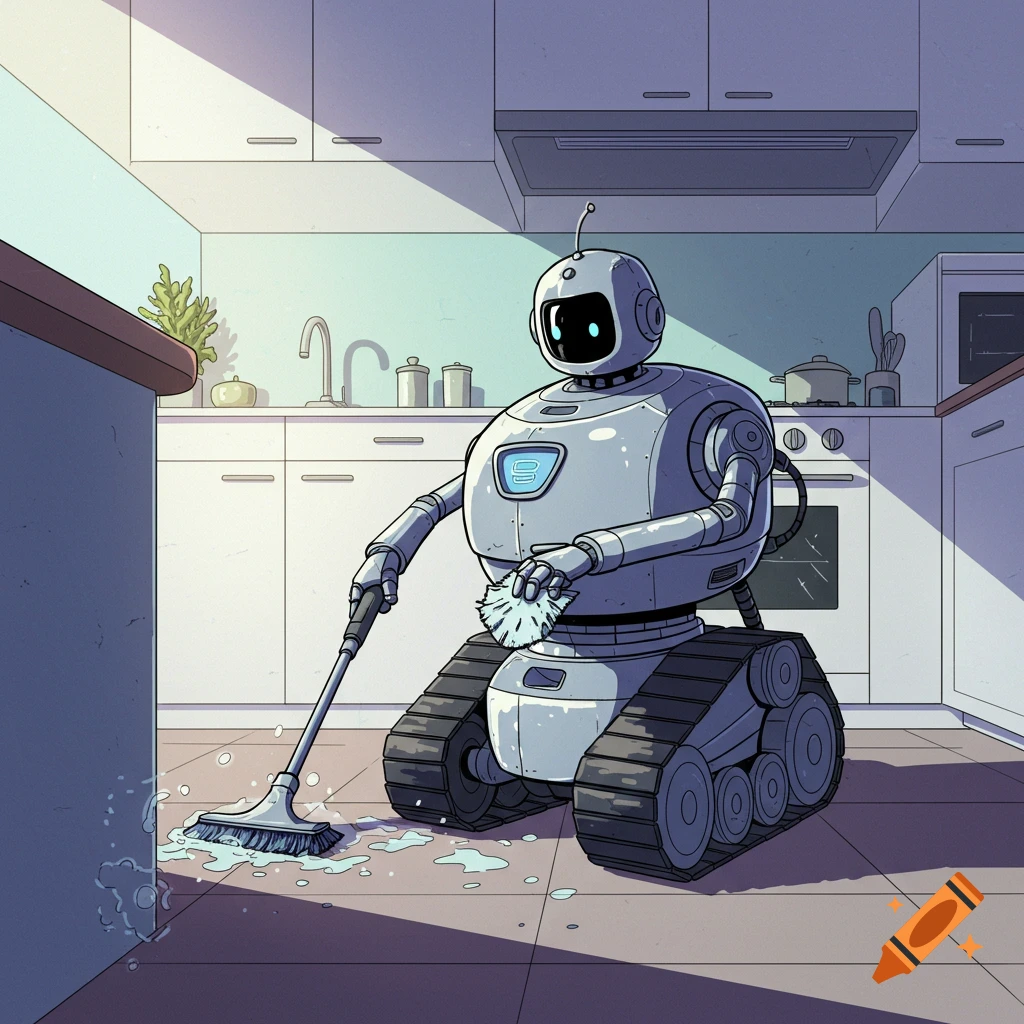 A robot mops the floor in a kitchen.