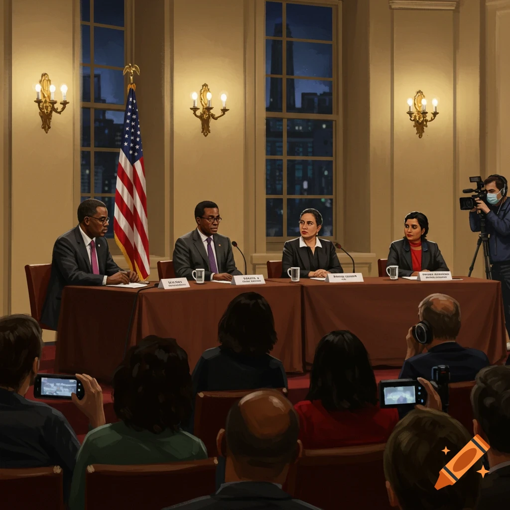 A panel discussion featuring four speakers seated at a table, with an audience observing. An American flag is visible, and a camera is present.