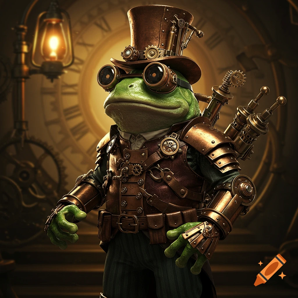 A steampunk frog wearing a top hat, goggles, and elaborate metal and leather armor stands before a clock background.