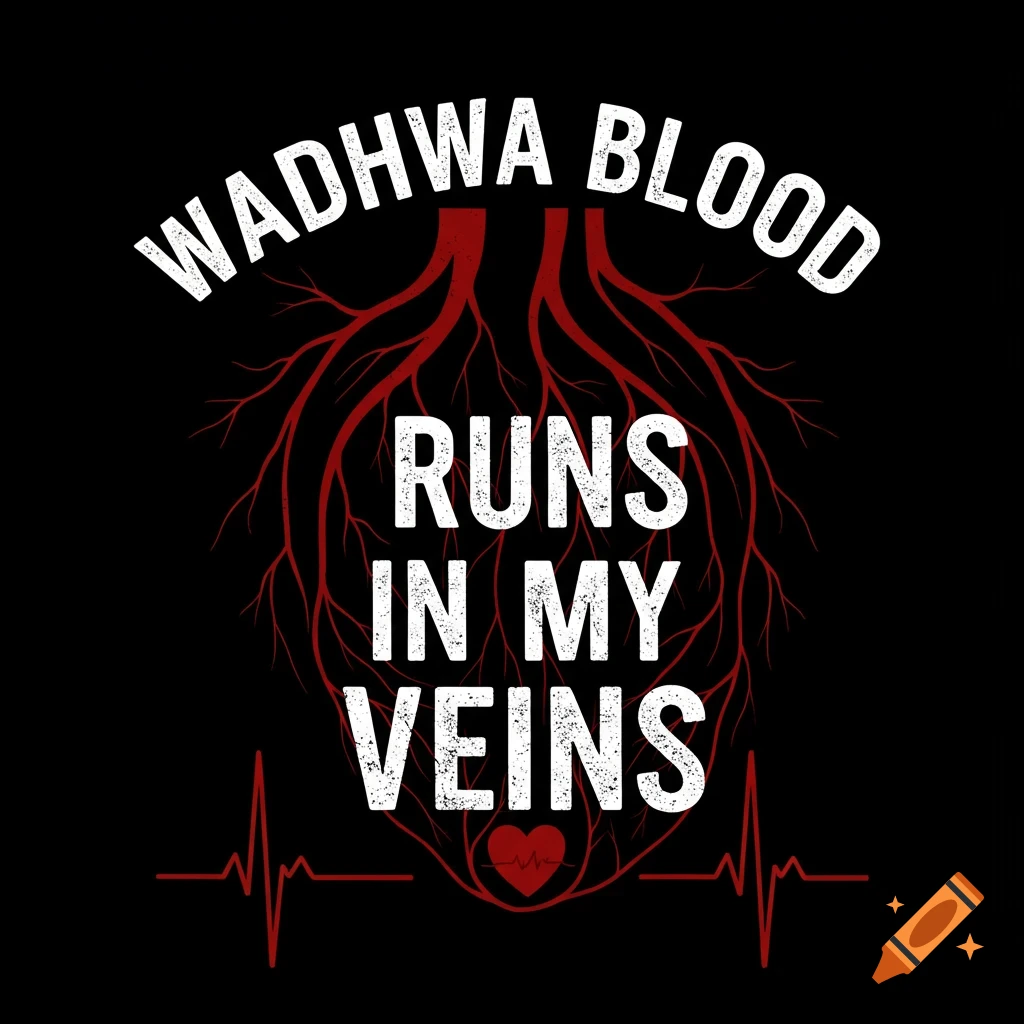 Graphic design with red veins/roots, white text "WADHWA BLOOD RUNS IN MY VEINS", and a red heartbeat line on black.