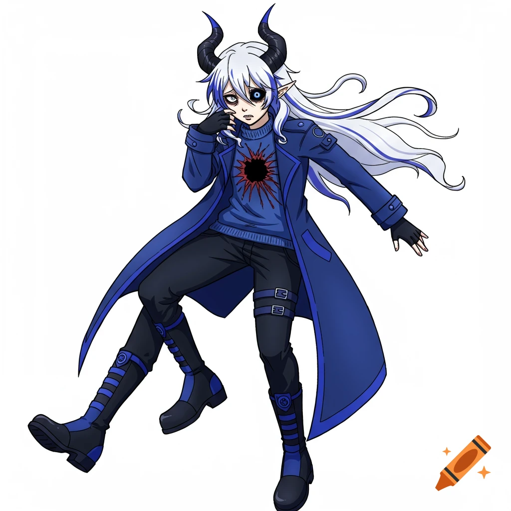 Anime character with white hair, black horns, heterochromia, wearing a blue coat and sweater with a red symbol, black pants and boots.