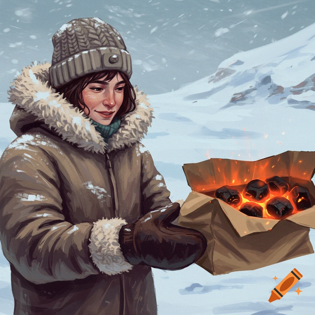 A person in winter clothing holds a box of hot coals in the snow.
