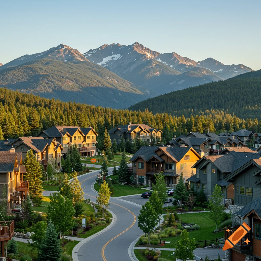 A neighborhood of houses nestled in a mountain valley with pine forests.