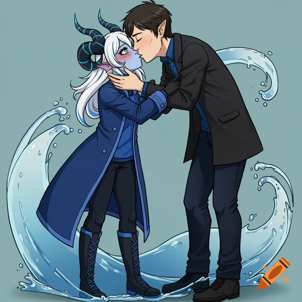 Anime illustration of a man kissing a blue-skinned woman with horns and white hair, surrounded by water.