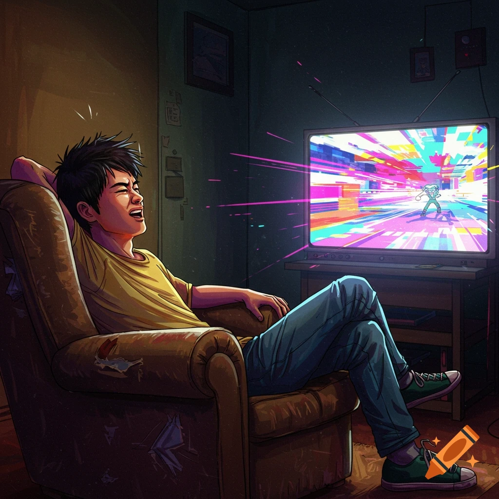 A person sits in a chair watching a bright, colorful TV screen in a dark room.