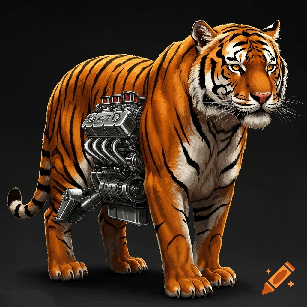 A tiger with a visible mechanical engine built into its body