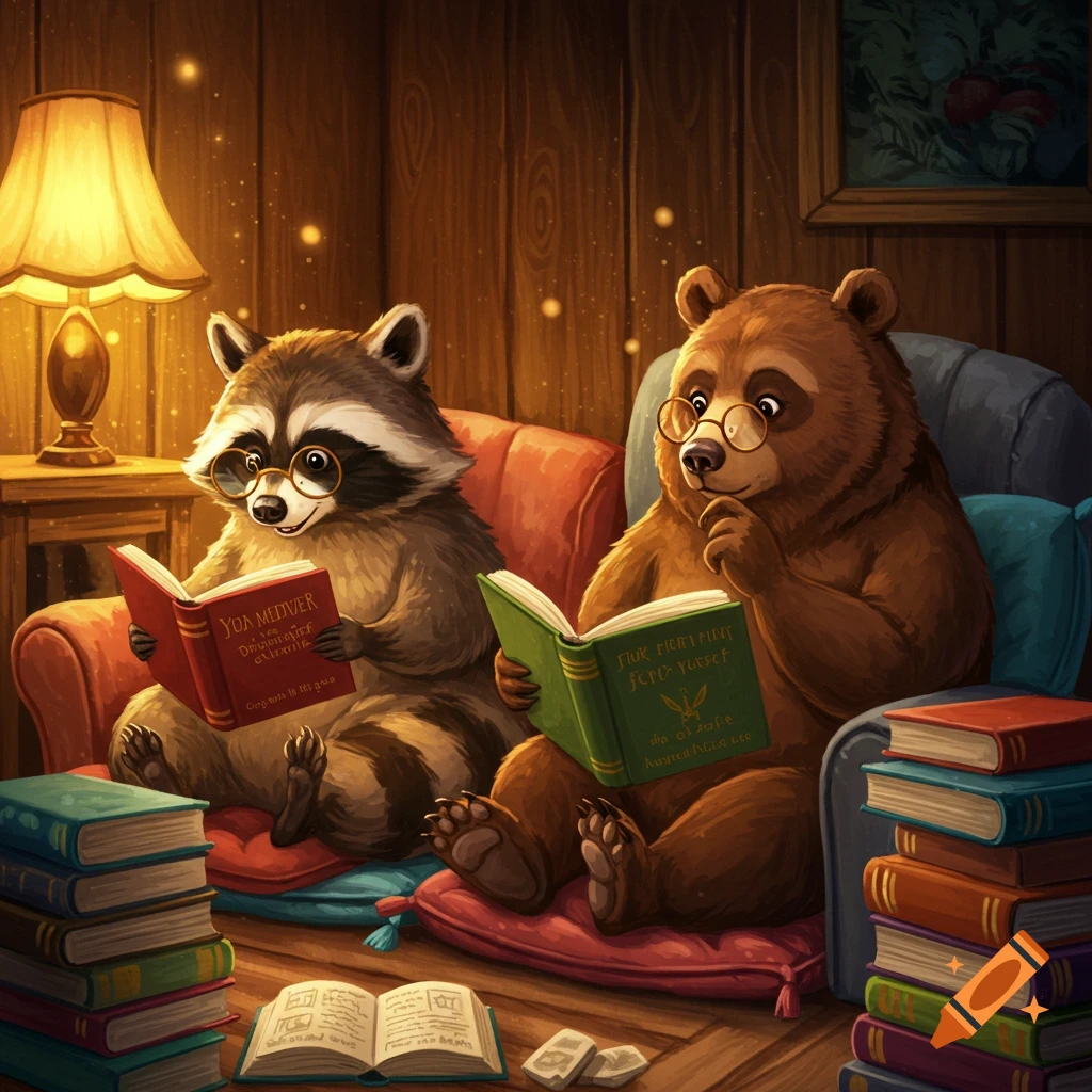A raccoon and a bear wearing glasses and reading books in a cozy room.