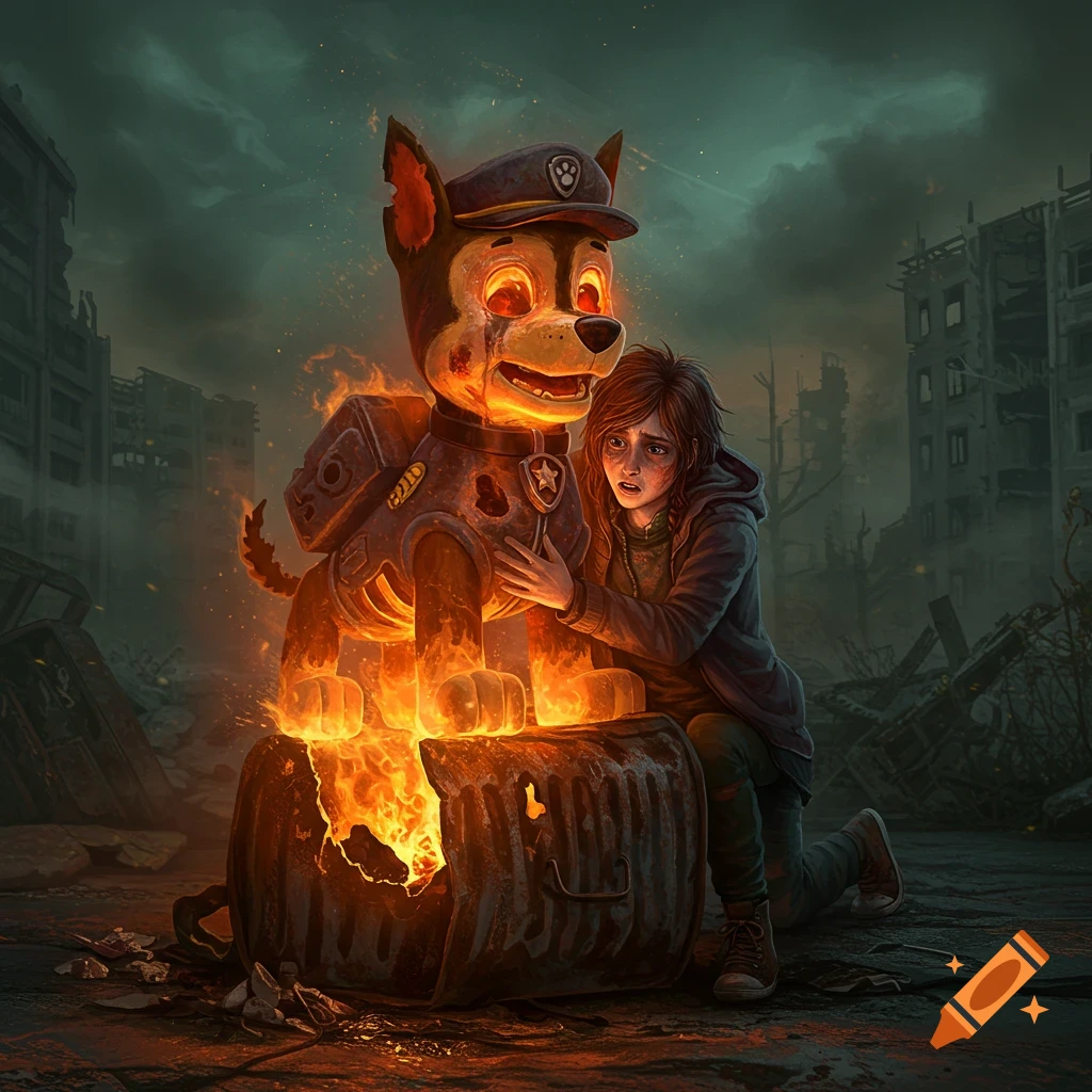 A child is shown hugging a burning figure of Chase from Paw Patrol within a destroyed, apocalyptic city.