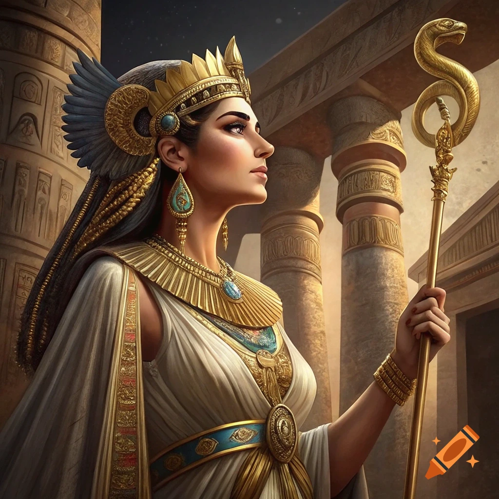 Portrait of a woman dressed as Cleopatra in an ancient Egyptian temple, holding a staff.