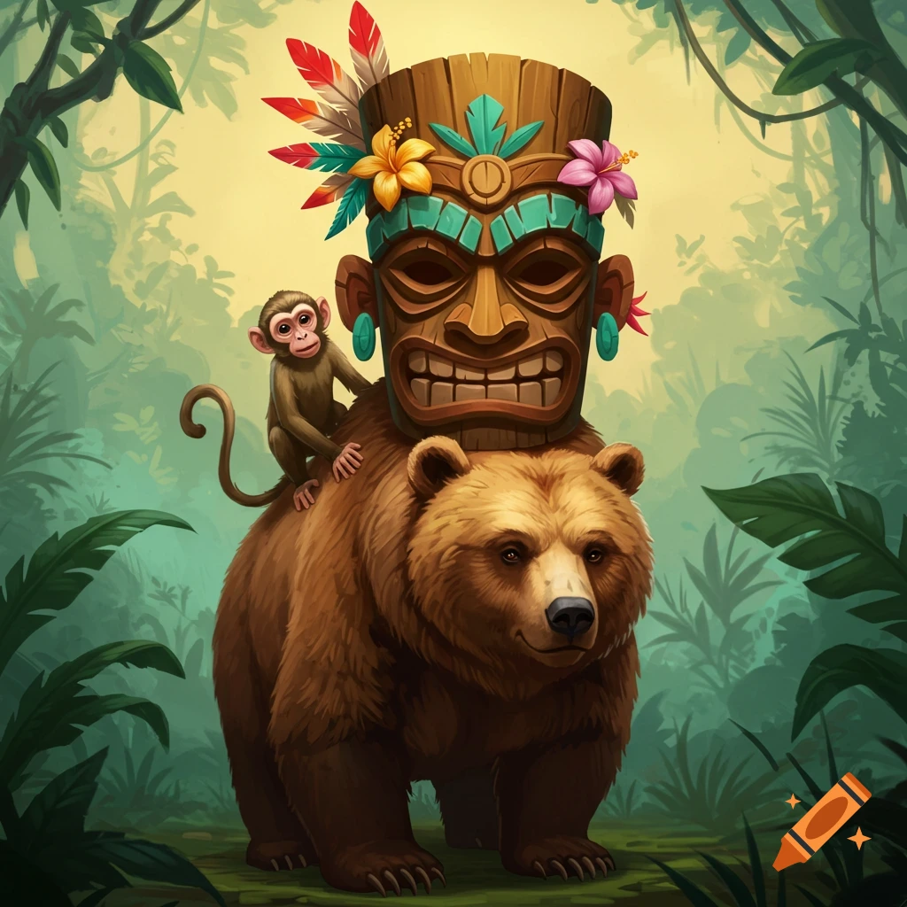 A monkey sits on a bear's shoulder with a tiki mask on top in a jungle.