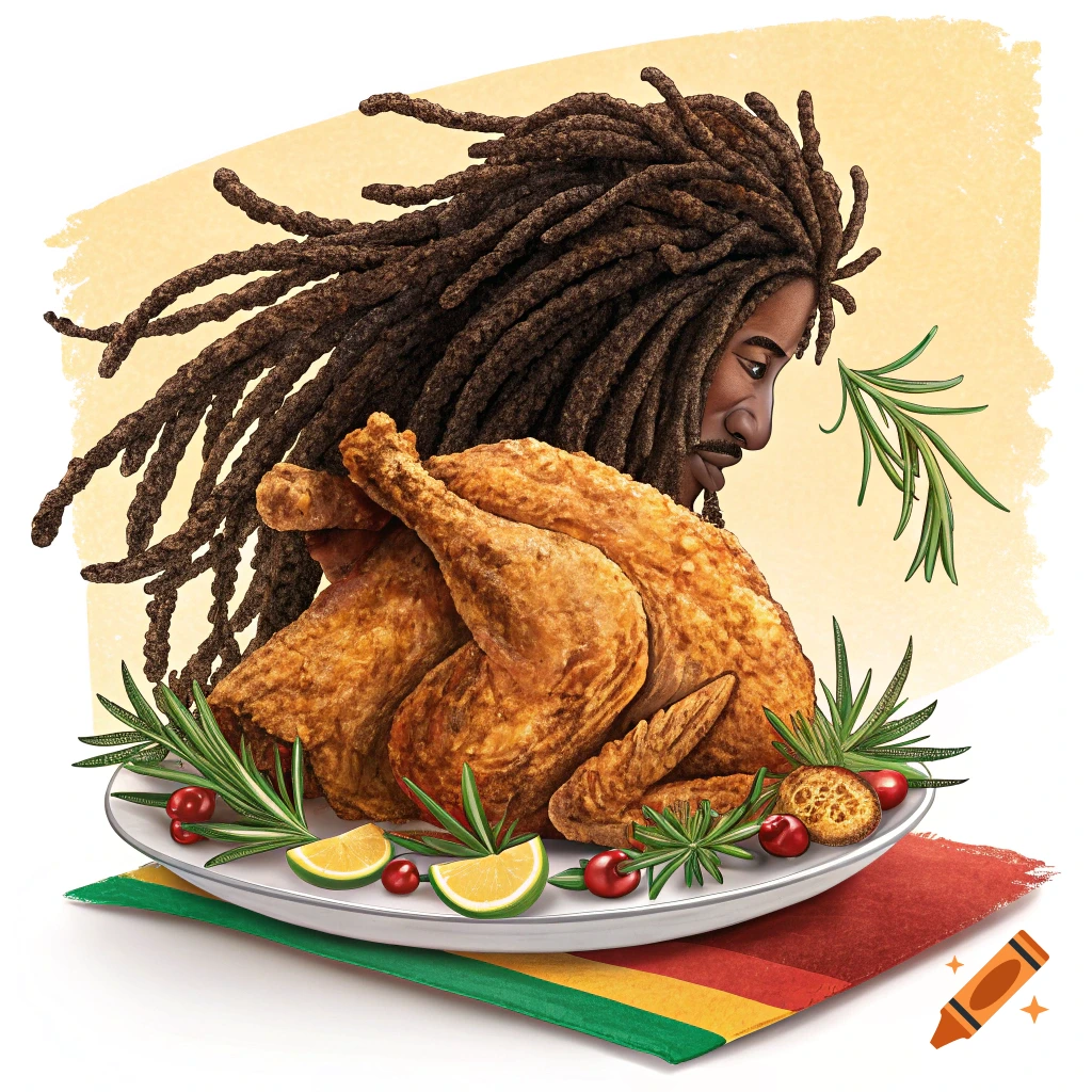 Illustration of a man with dreadlocks behind a plate of fried chicken garnished with herbs and cranberries, on a napkin with red, gold, and green stripes.