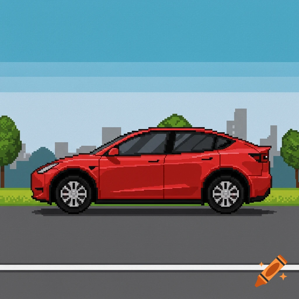 Pixel art rendering of a red Tesla Model Y driving on a road with a city in the background
